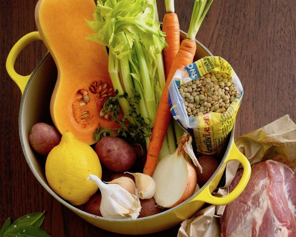 Soup ingredients in a pot ready to make soup