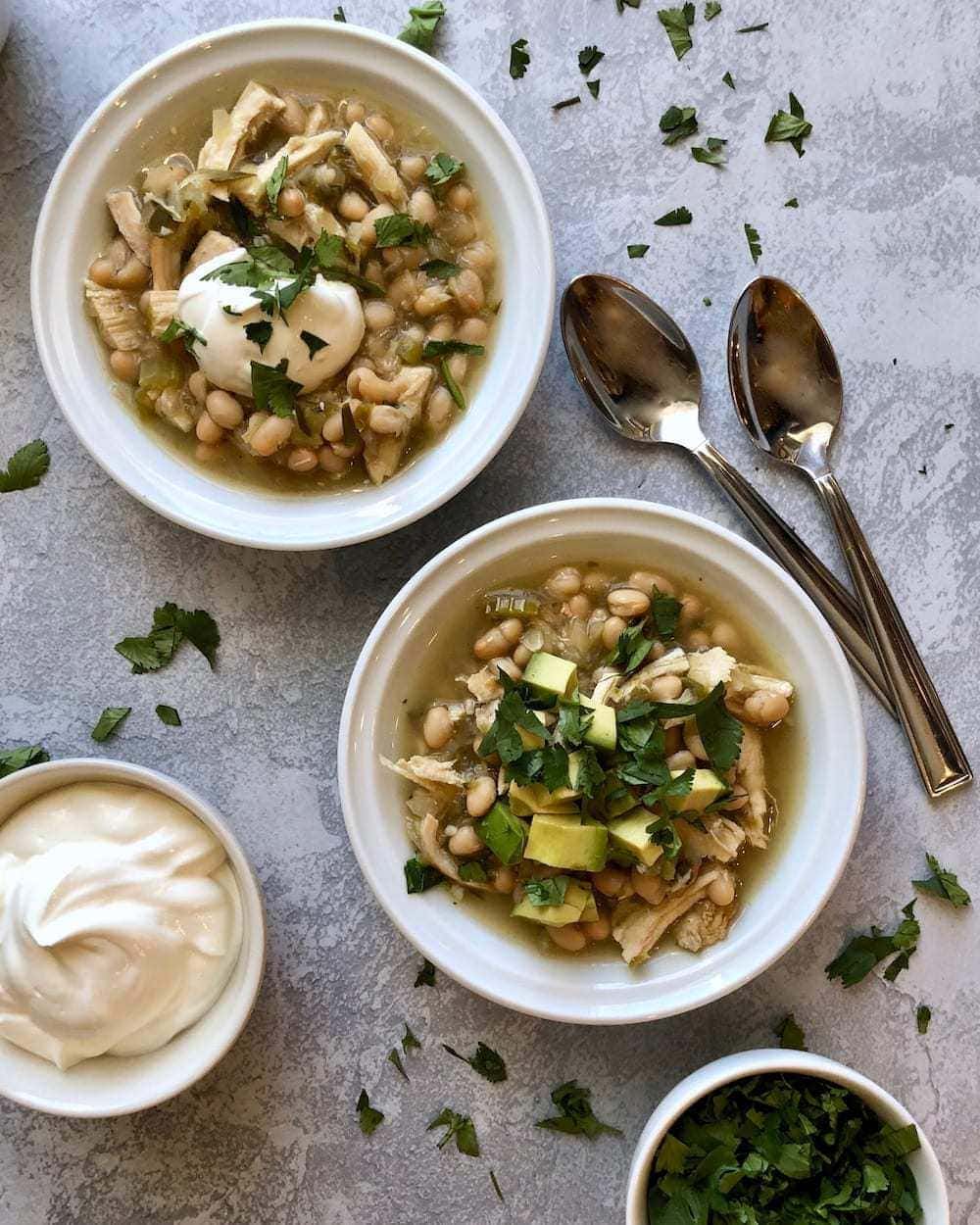 Two bowls of Chicken Chili Verde soup