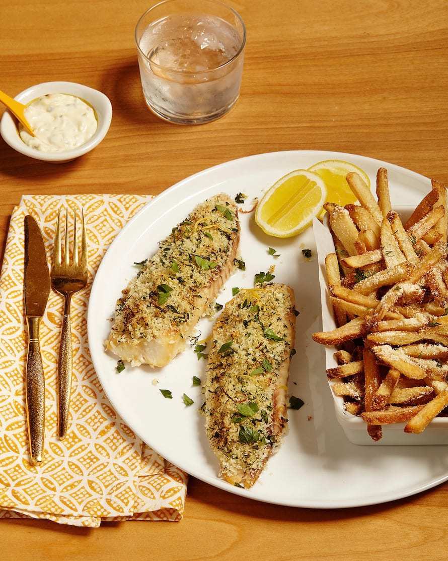 Crispy Lemon Fish on a plate with Parmesan Fries