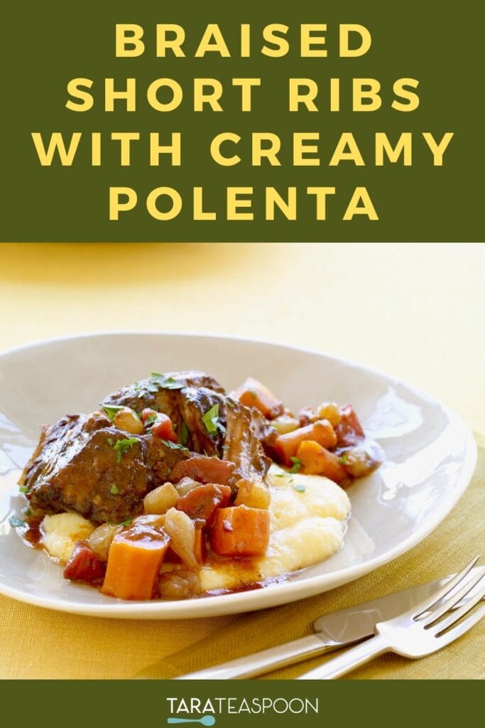 Pinterest graphic for Short Ribs with Cheesy Polenta recipe on Tara Teaspoon.