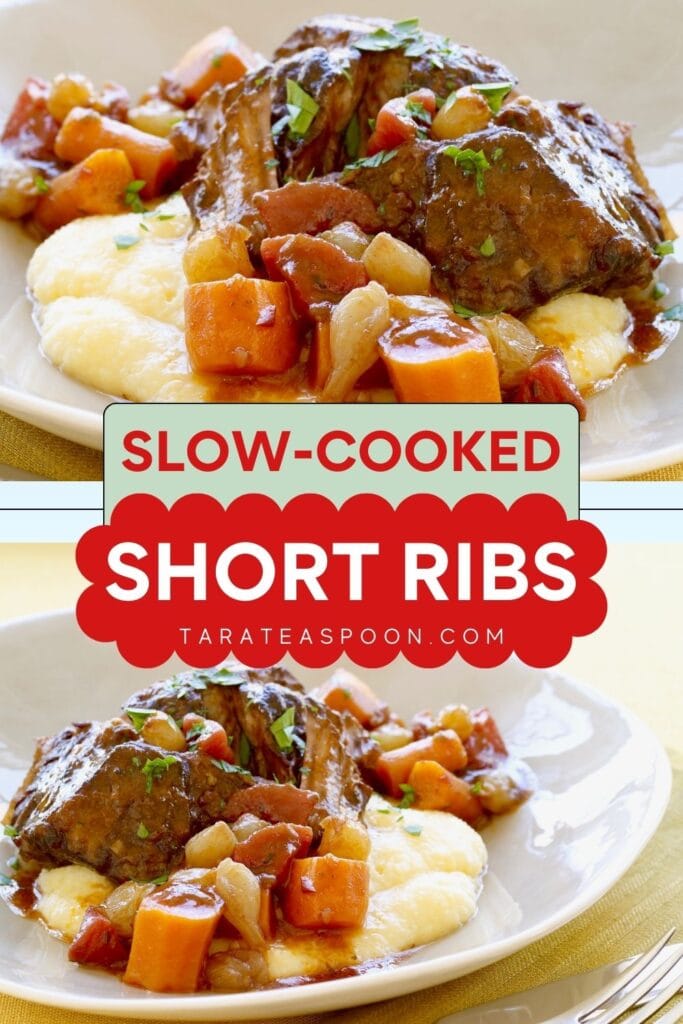 Pinterest graphic for Short Ribs with Cheesy Polenta recipe on Tara Teaspoon.
