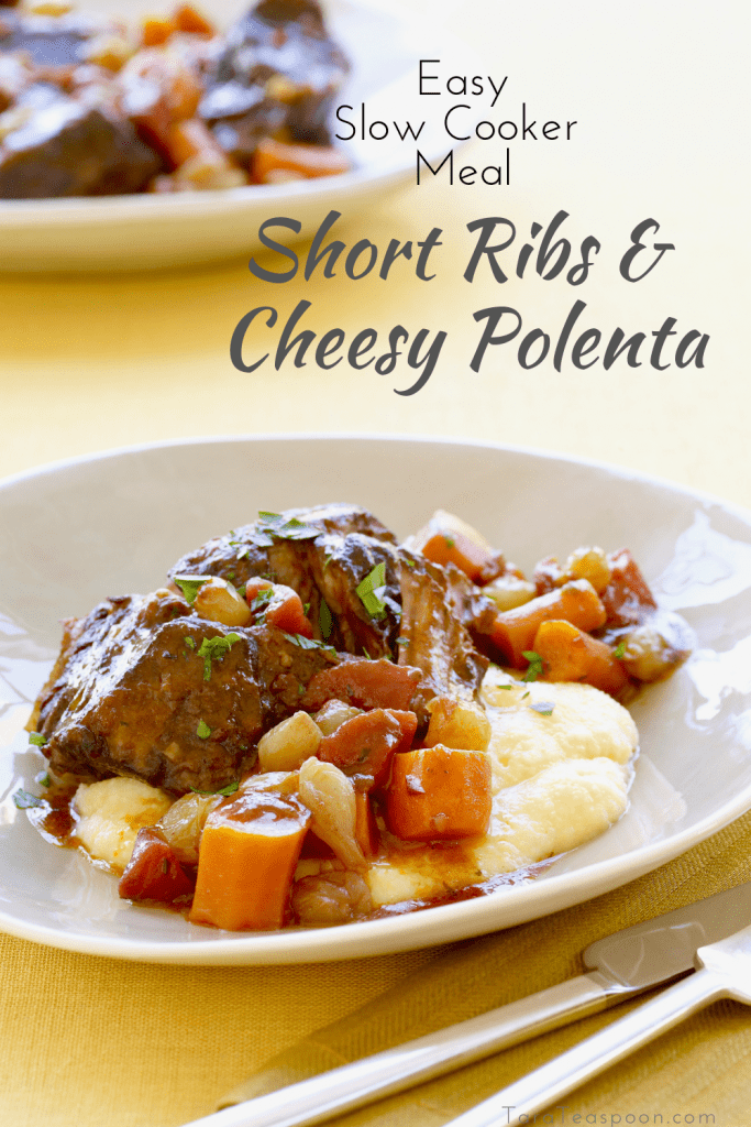 slow cooker short ribs with cheesy polenta in a bowl
