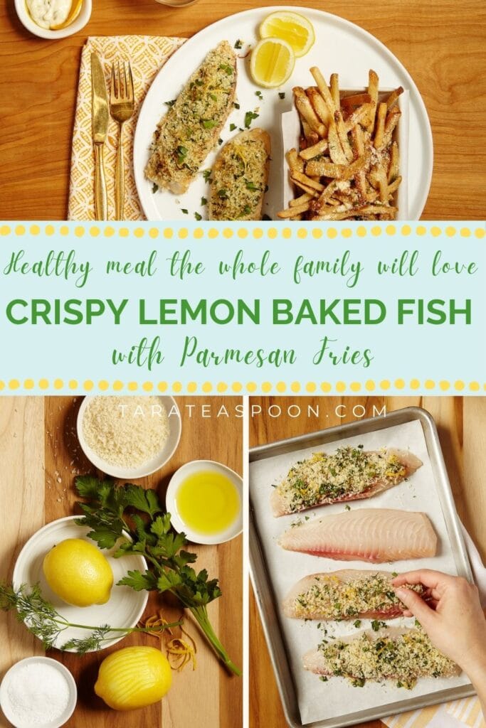 Pinterest graphic for Crispy Lemon Fish Baked with Parmesan Fries recipe on Tara Teaspoon