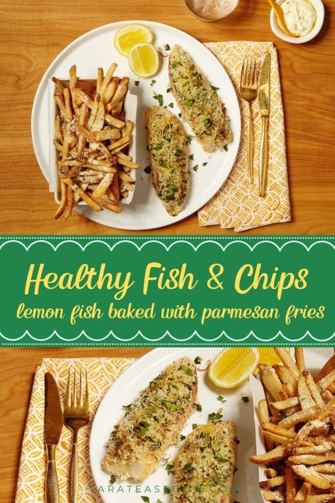 Pinterest graphic for Crispy Lemon Fish Baked with Parmesan Fries recipe on Tara Teaspoon