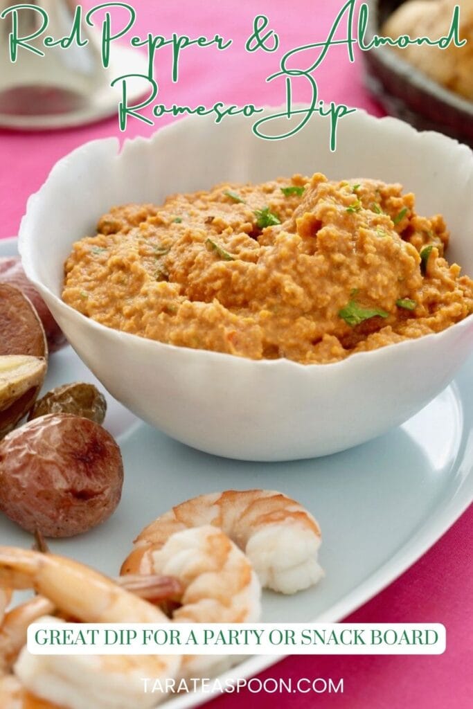 Pinterest graphic for Red Pepper and Almond Romesco Dip recipe on Tara Teaspoon.