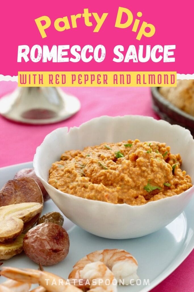 Pinterest graphic for Red Pepper and Almond Romesco Dip recipe on Tara Teaspoon.
