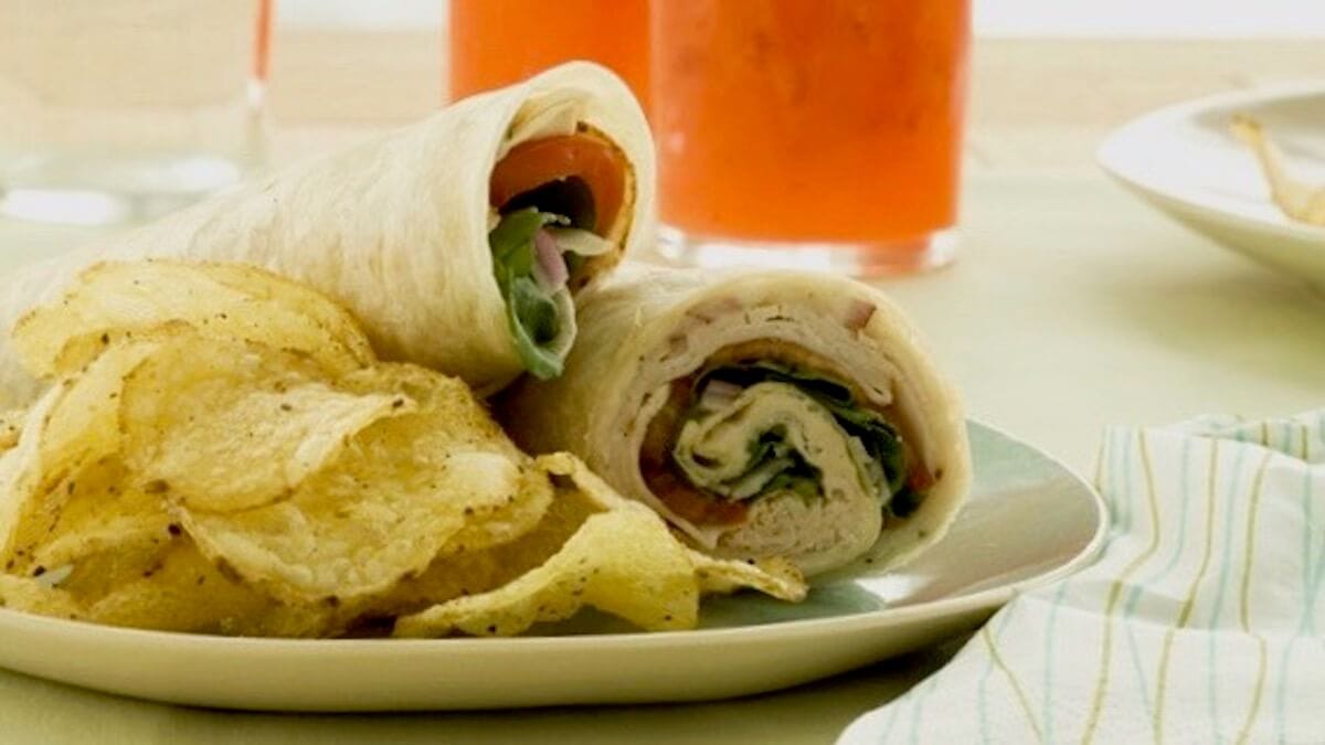 Turkey Wraps on plate with chips and lemonade