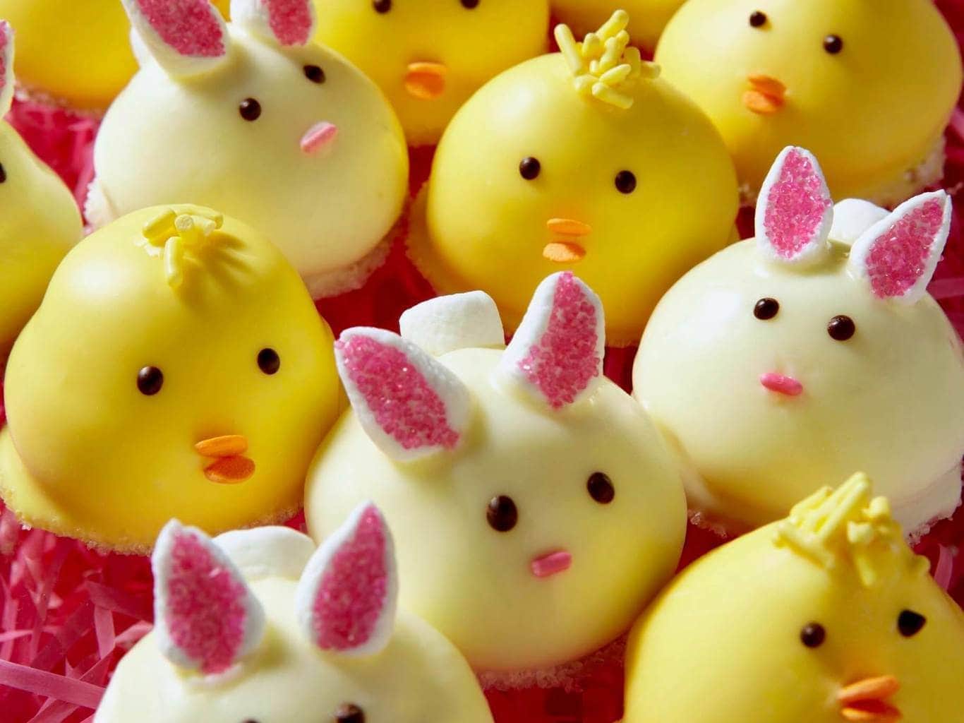 chick and bunny cookies with candy decorations