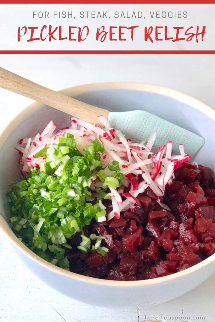 pickled beets with scallions and radish in bowl