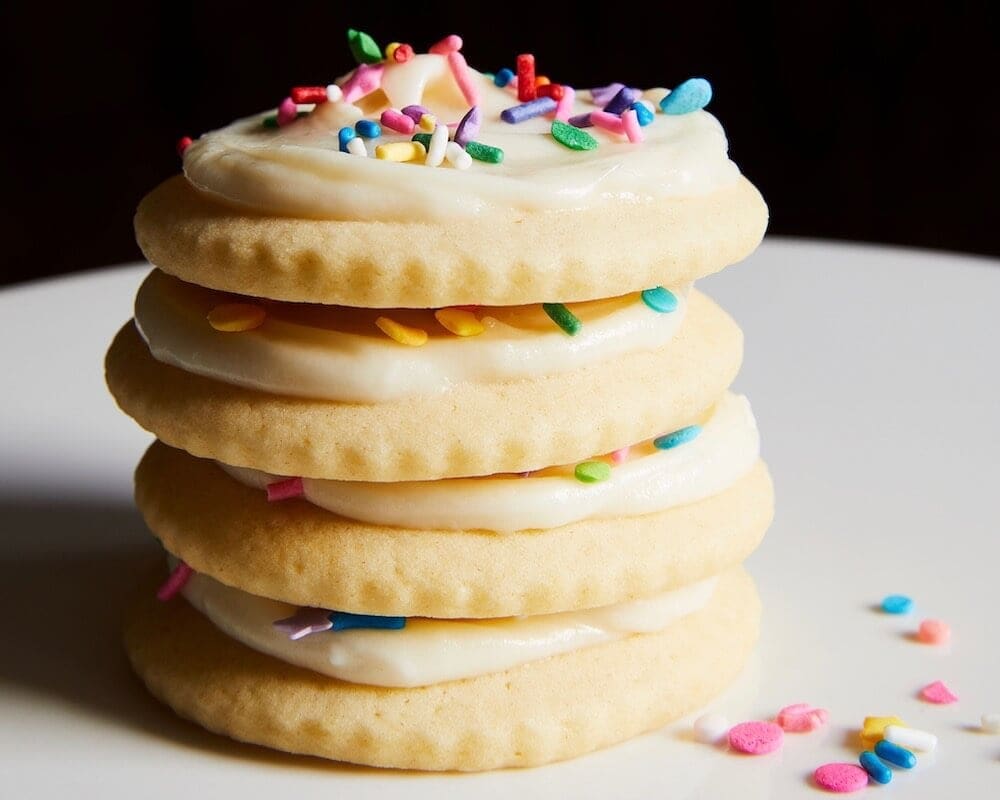 Soft Sugar cookies stacked with rainbow sprinkles