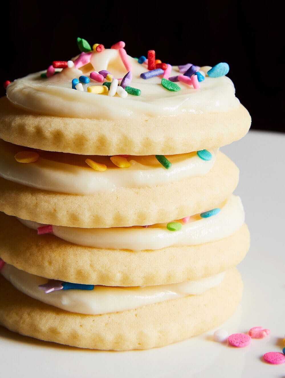 stacked soft sugar cookies with rainbow sprinkles