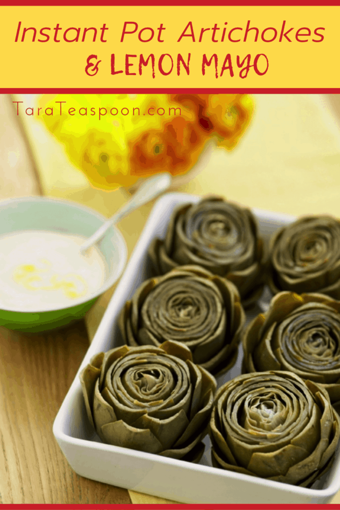 artichokes and lemon dip with flowers pin