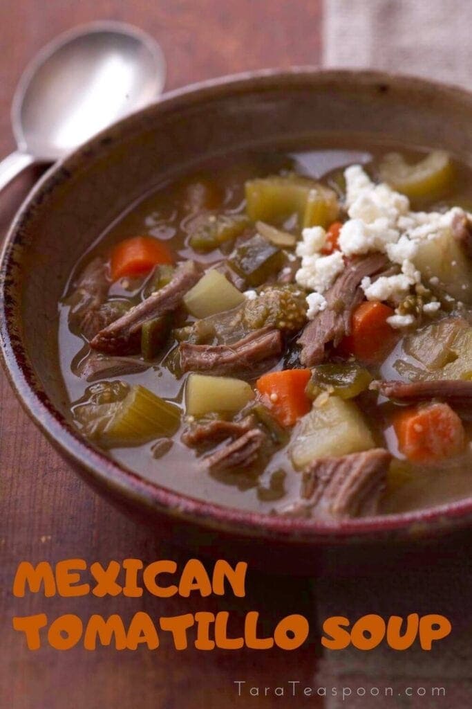 Mexican soup with tomatillo and shredded beef pin
