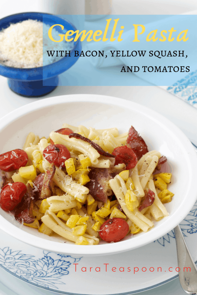 gemelli pasta with bacon yellow squash and tomatoes pin