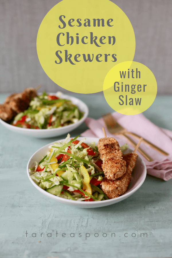 sesame chicken skewers with ginger slaw pin