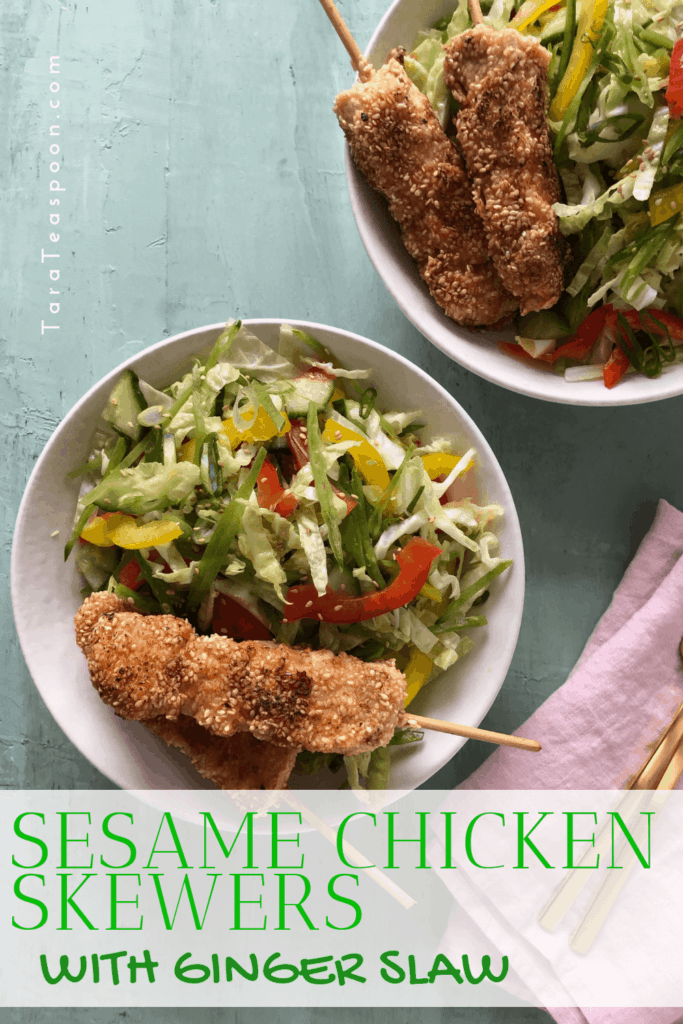 sesame chicken skewers with ginger slaw pin