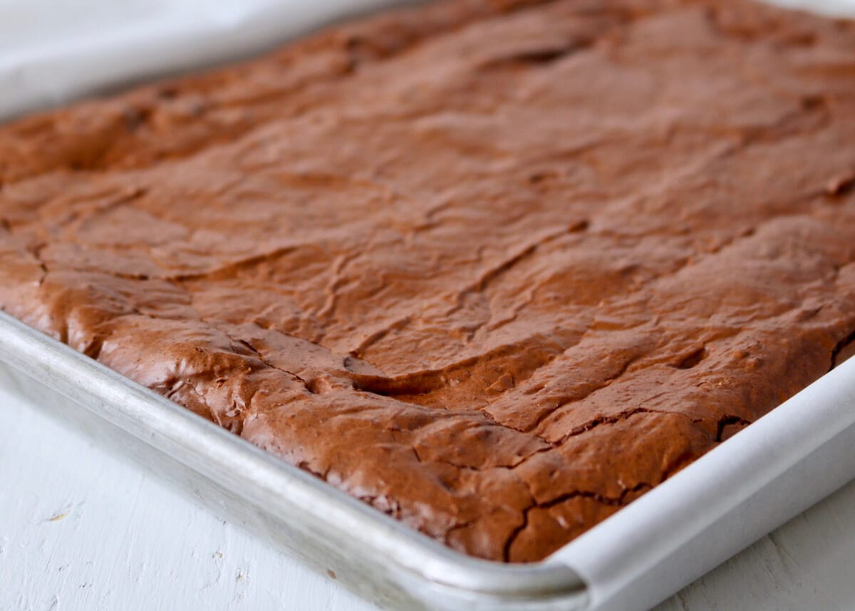 homemade chewy brownies in a baking pan