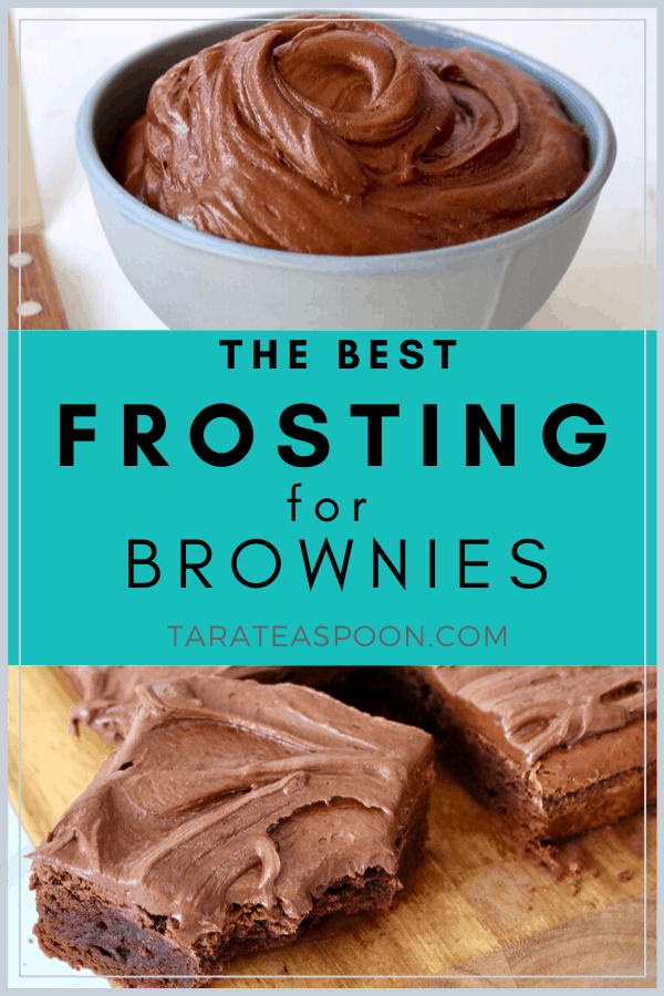 white bowl of frosting for brownies and a brownie with frosting