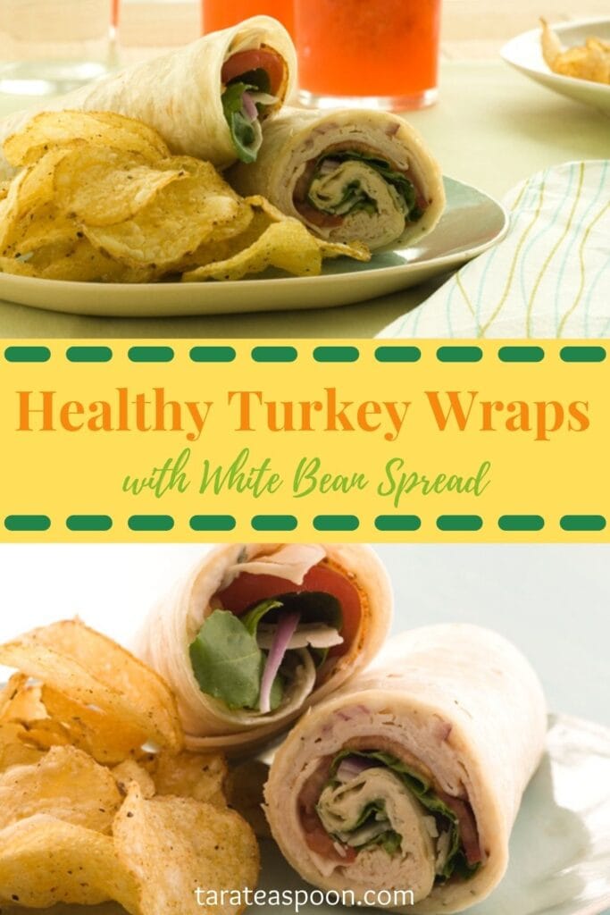 Pinterest graphic for Healthy Turkey Wraps with White Bean Spread recipe on Tara Teaspoon.