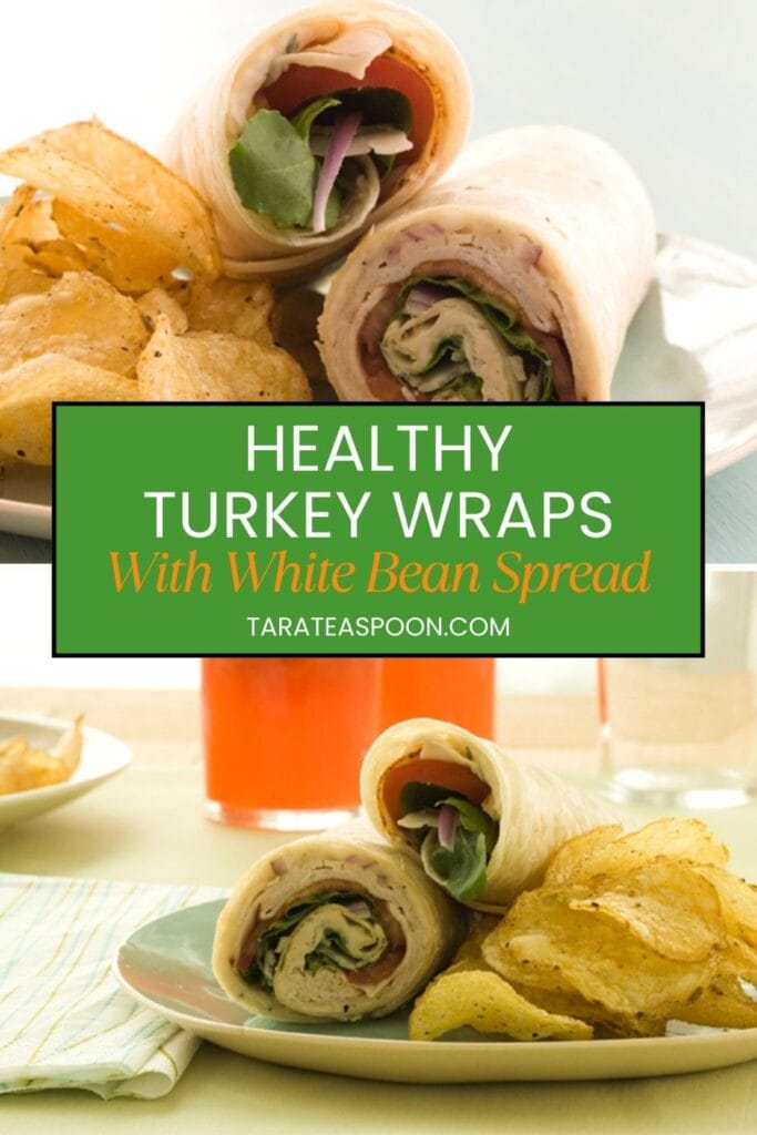 Pinterest graphic for Healthy Turkey Wraps with White Bean Spread recipe on Tara Teaspoon.