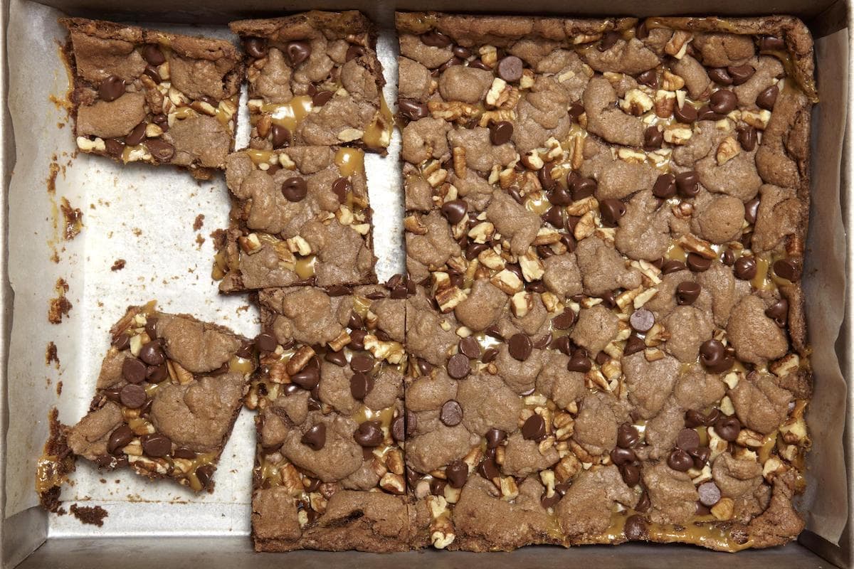 Gooey Caramel Brownies in a pan