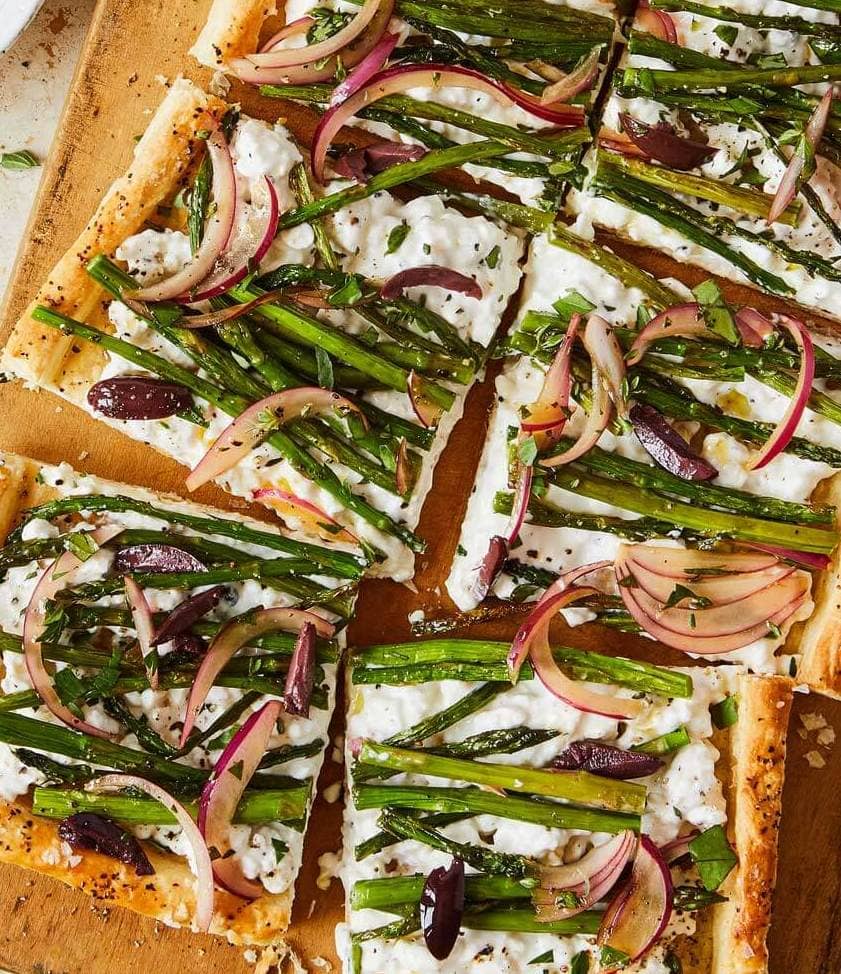 Asparagus Puff pastry tart up close and overhead