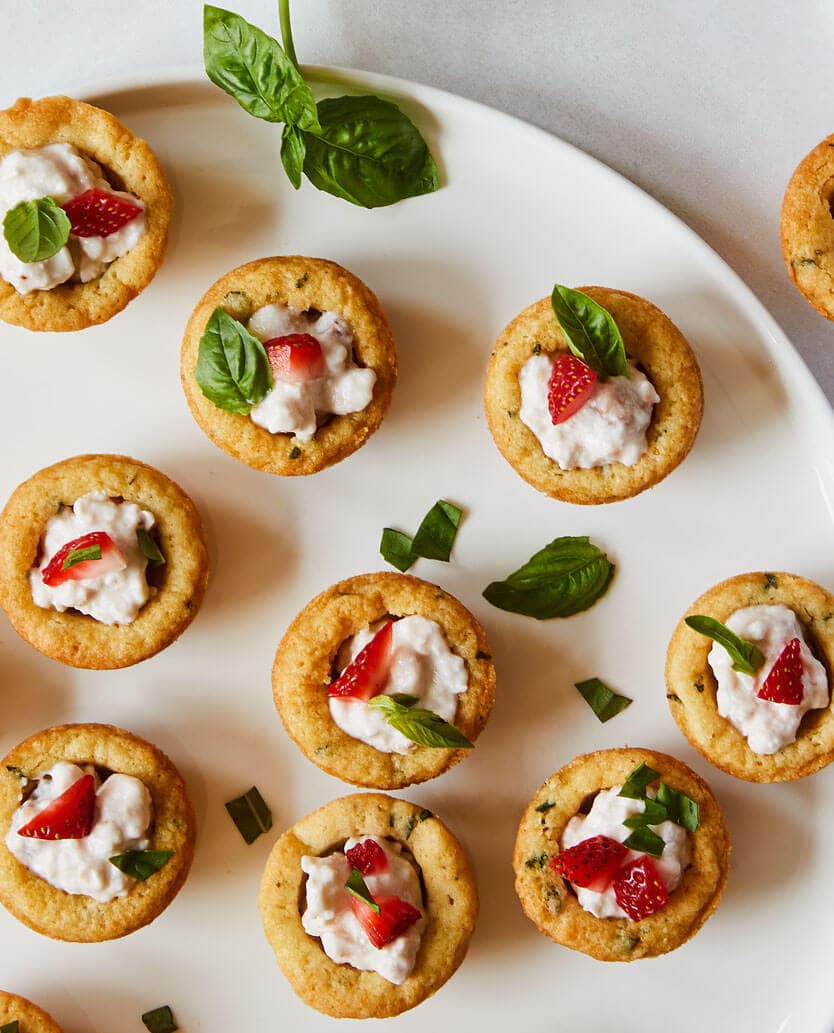 Strawberry Basil Summer cookie cups recipe with cottage cheese on a white platter