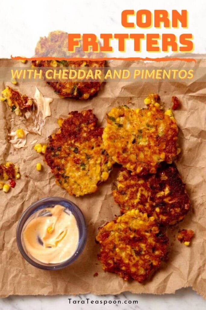 classic crispy corn fritters with cheddar and pimentos pin