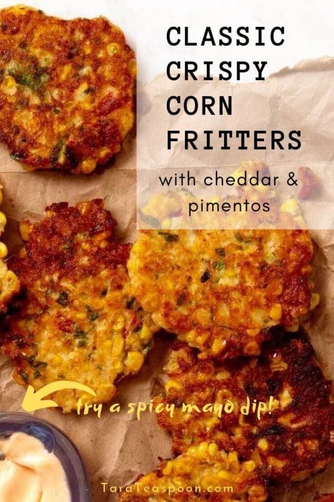 classic crispy corn fritters with cheddar and pimentos pin