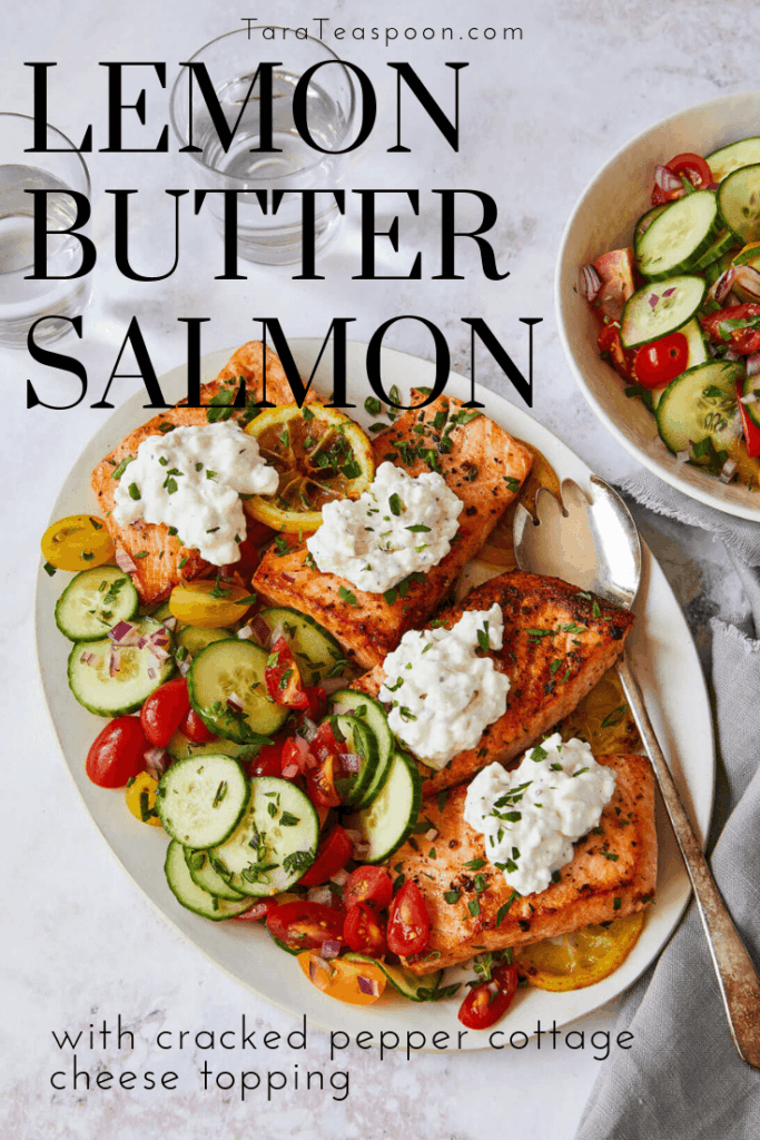 lemon butter salmon with cottage cheese and salad on a platter pin
