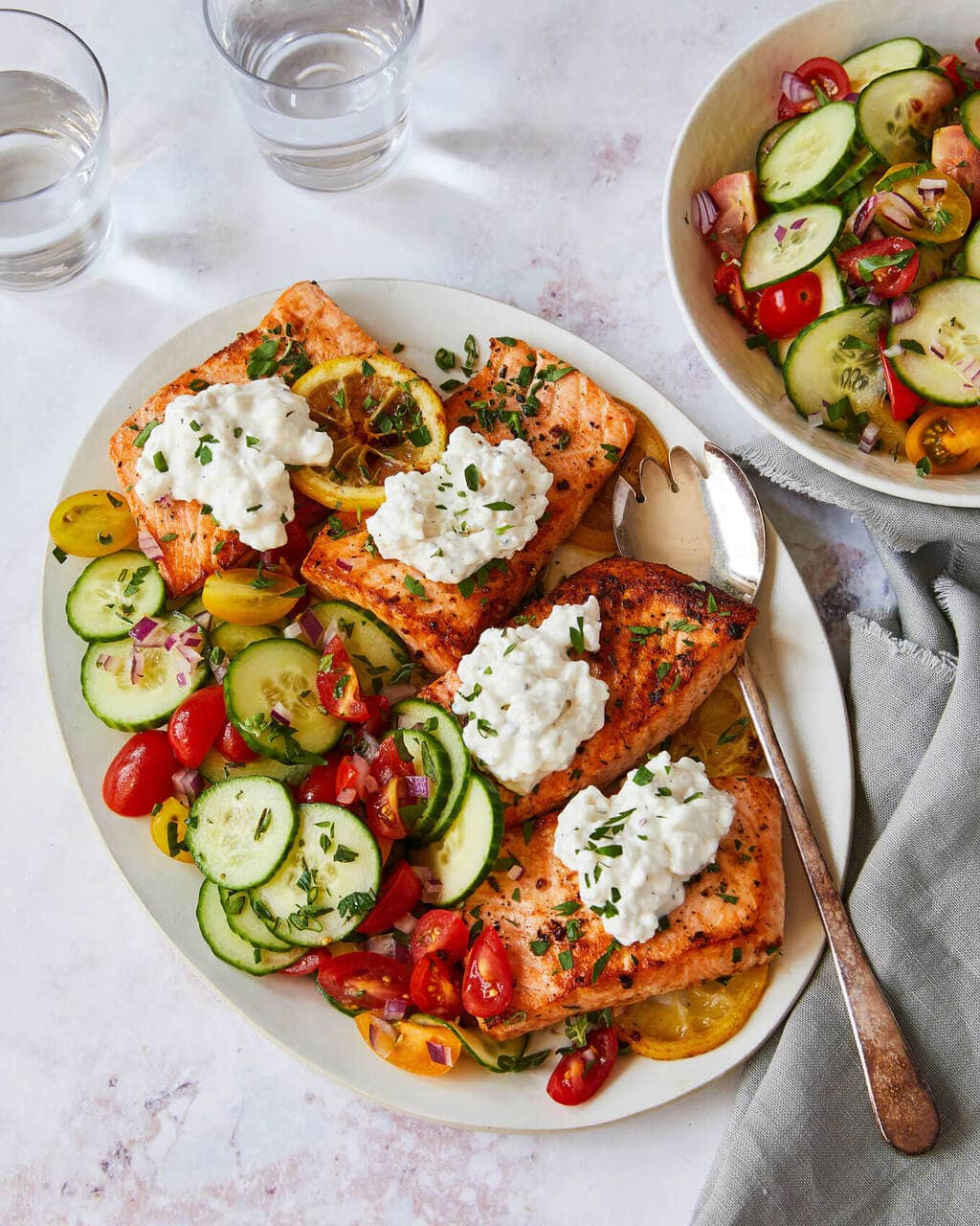 easy salmon dinner with cottage cheese and cucumber salad