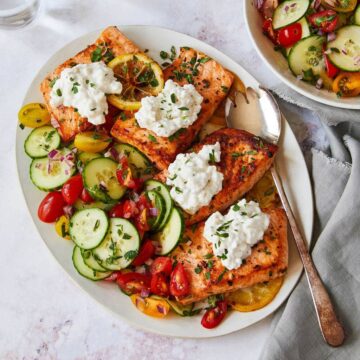 pan cooked salmon with cottage cheese and cucumber salad