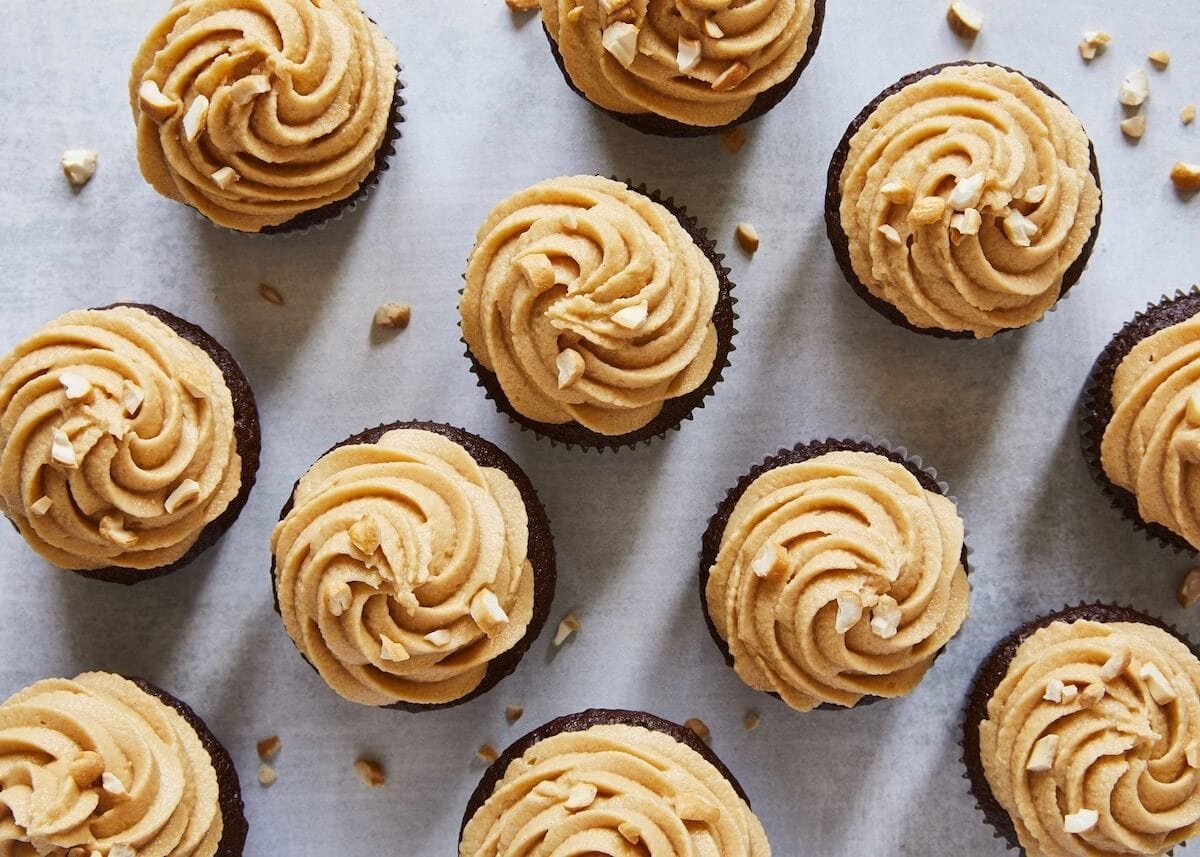 overhead of chocolate peanut butter cupcakes