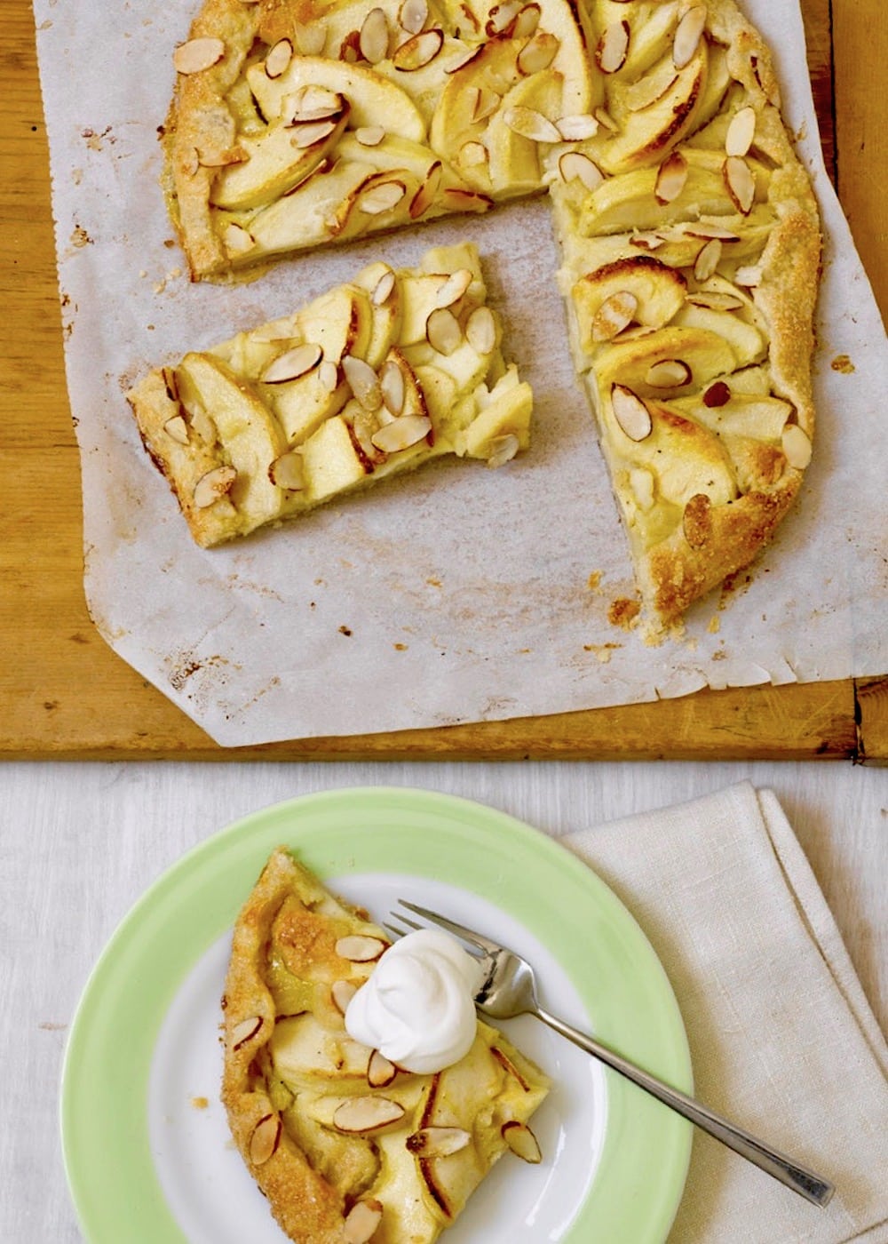 rustic apple tart with almond frangipane on a cutting board