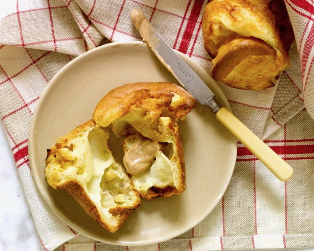 apple popovers on a plaid linen