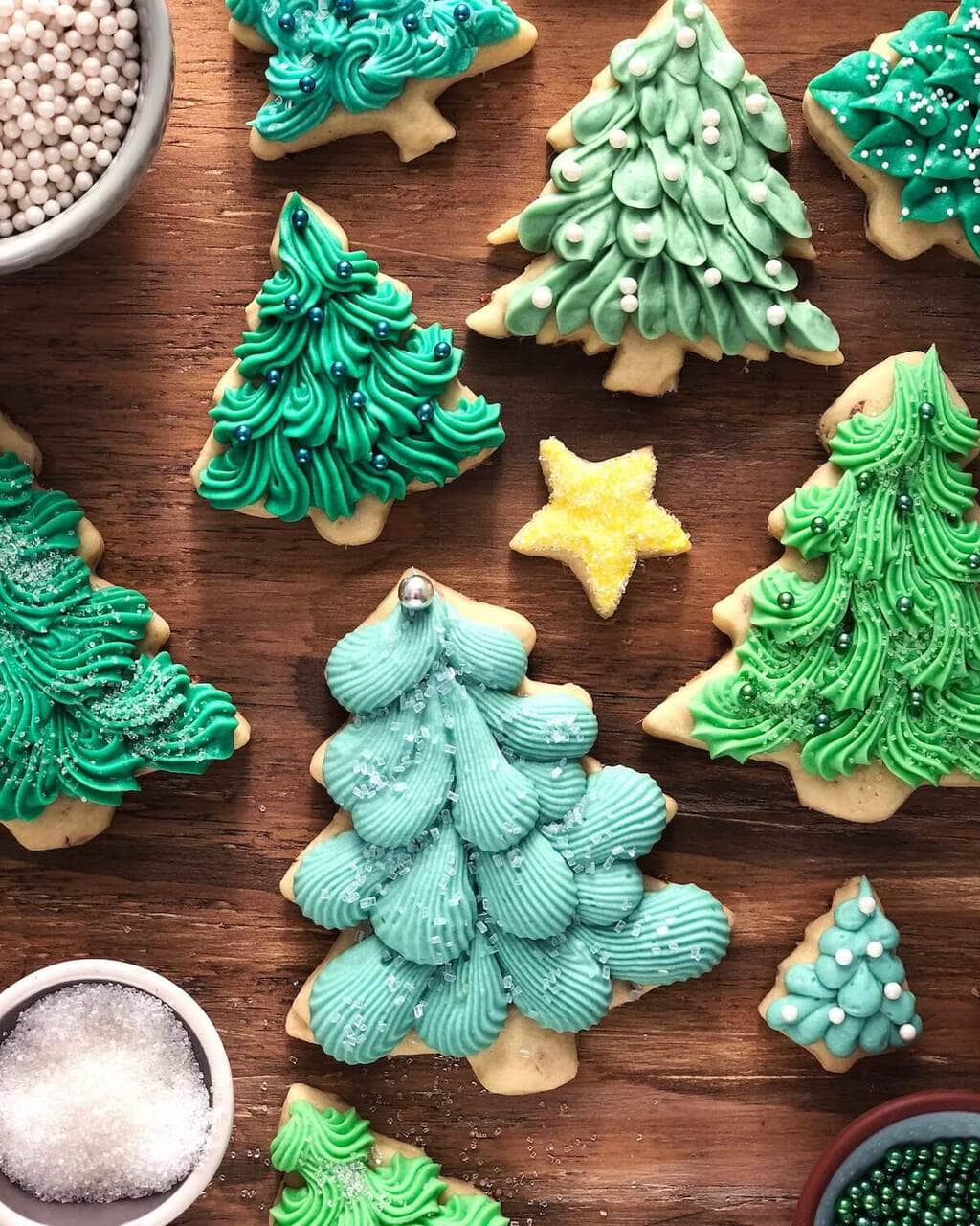 almond ginger christmas tree cookies with cream cheese frosting