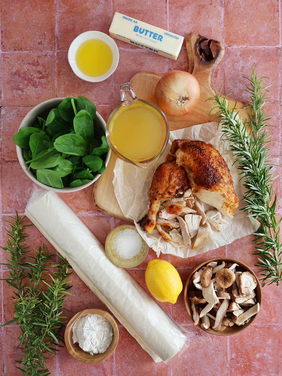 Ingredients needed to make a chicken spinach casserole. 
