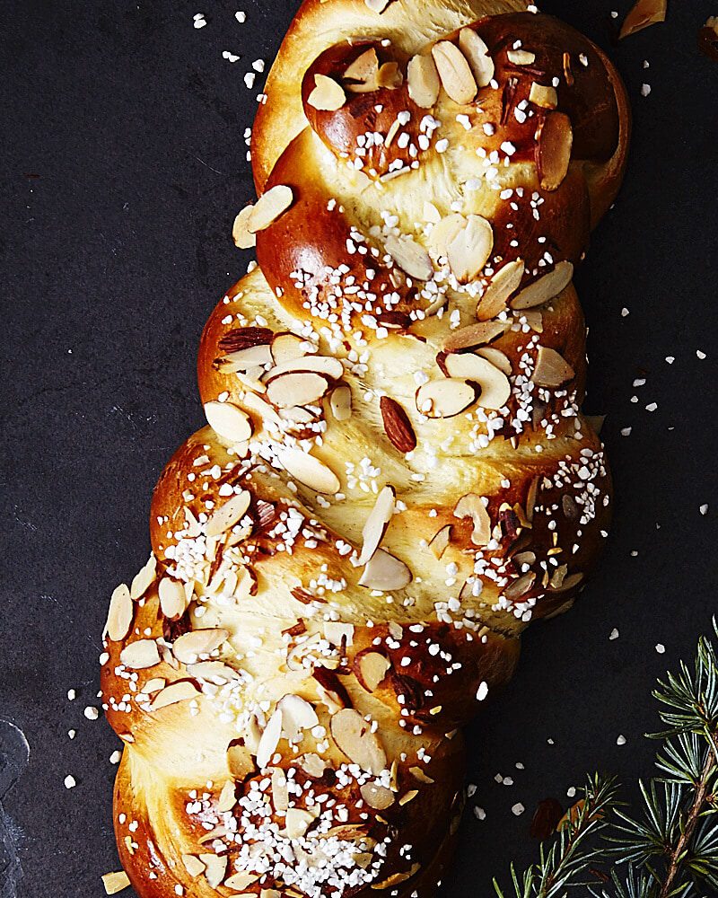 pulla bread with pearl sugar close up