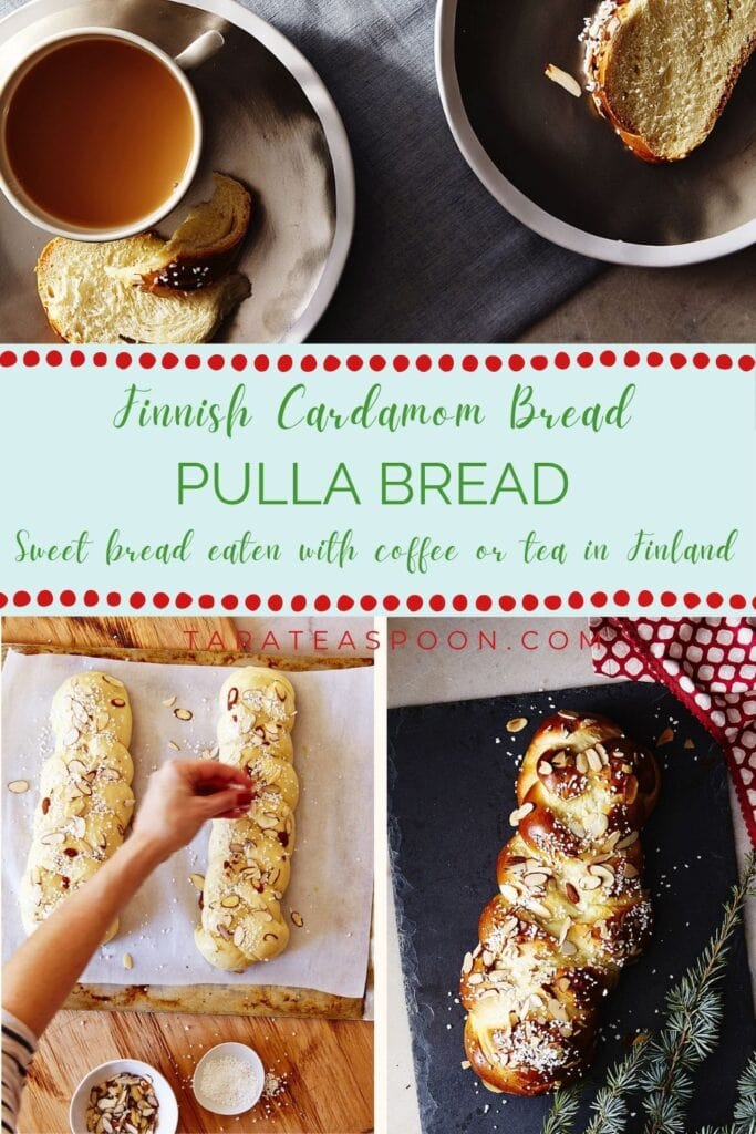 Pinterest graphic for Pulla Bread - Finnish Cardamom Bread recipe on Tara Teaspoon.