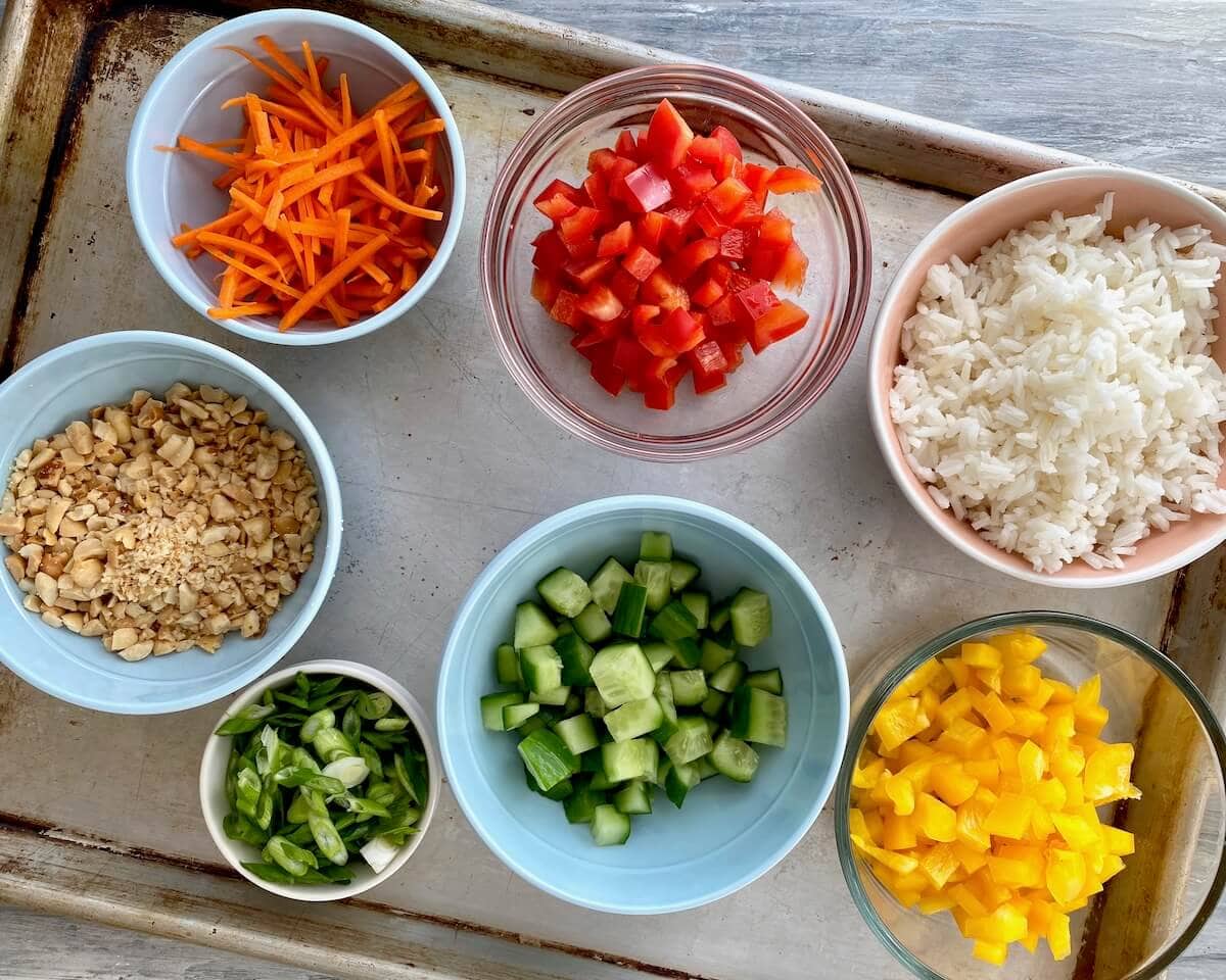 ingredients in bowls for christmas lettuce wraps