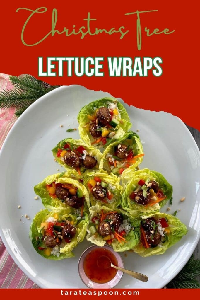 Pinterest Graphic for The Best Holiday Appetizer - Christmas Tree Lettuce Wraps recipe on Tara Teaspoon.