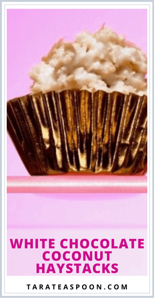 closeup of coconut haystack with white chocolate in foil cupcake wrapper