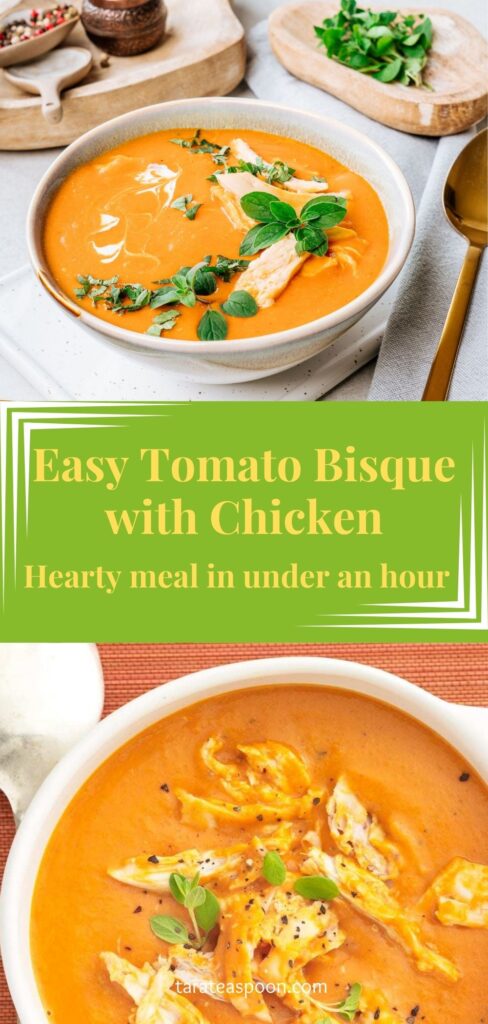 Pinterest graphic for Creamy Tomato Soup with Chicken recipe on Tara Teaspoon.