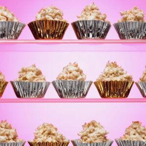 white haystacks candy on pink in candy cups