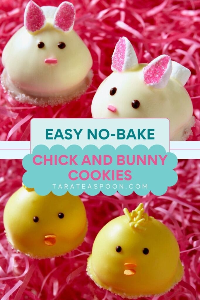 Pinterest graphic for Chick and Bunny No-Bake Cookies recipe on Tara Teaspoon
