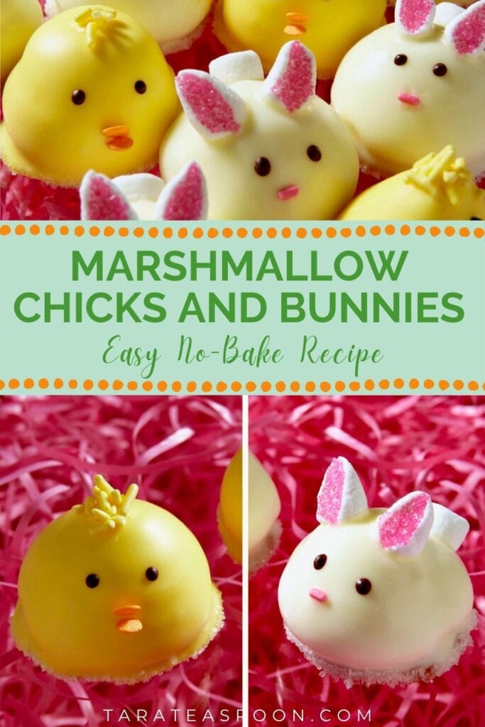 Pinterest graphic for Chick and Bunny No-Bake Cookies recipe on Tara Teaspoon