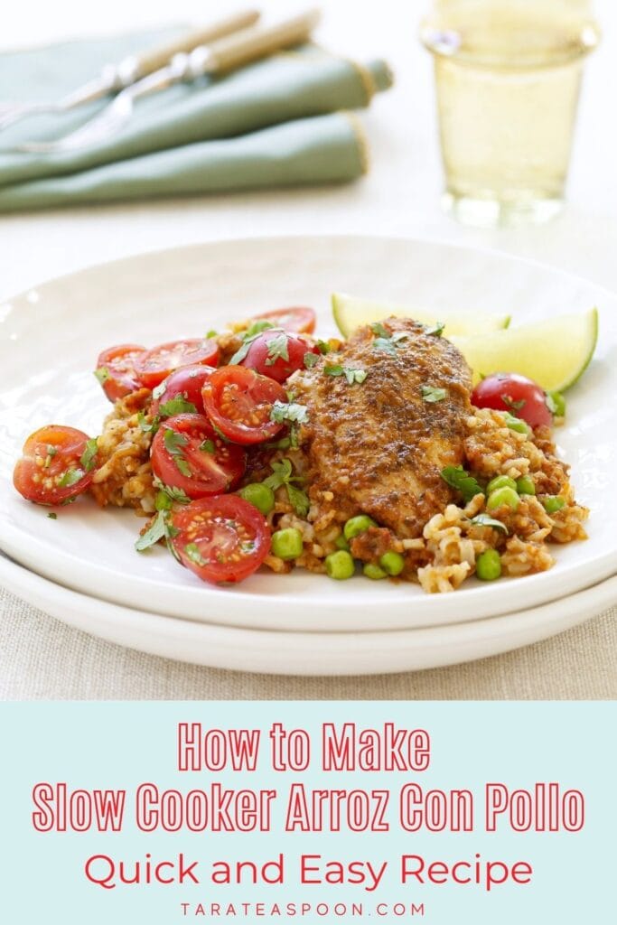 Pinterest graphic for Slow Cooker Arroz Con Pollo (Chicken With Rice) recipe on Tara Teaspoon.