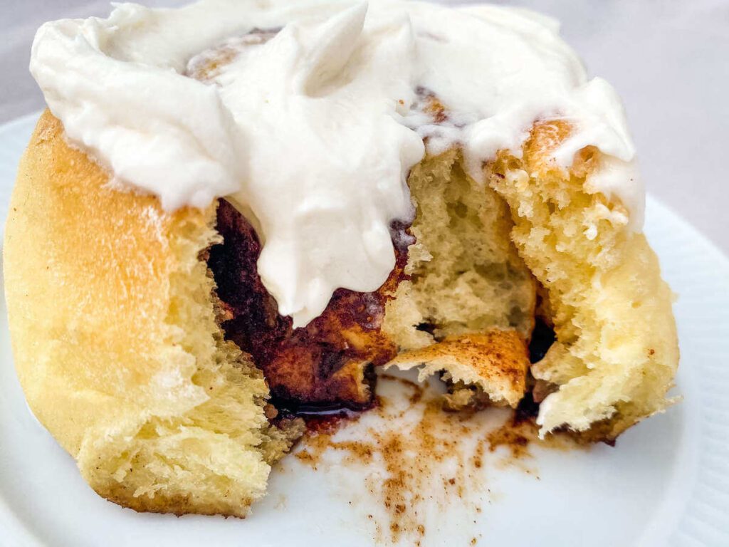 close up of cinnamon roll bite