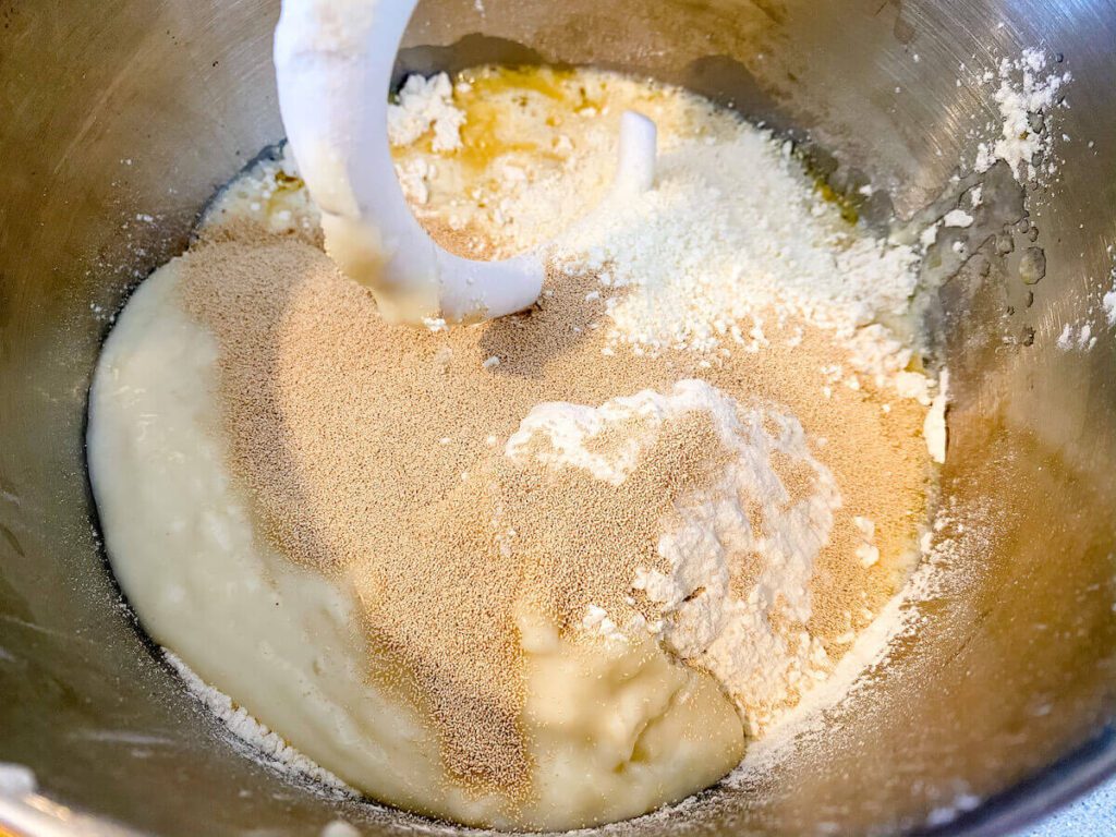 ingredients in mixing bowl for bread dough