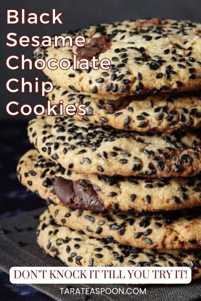 Pinterest graphic for Black Sesame Chocolate Chip Cookies recipe on Tara Teaspoon.